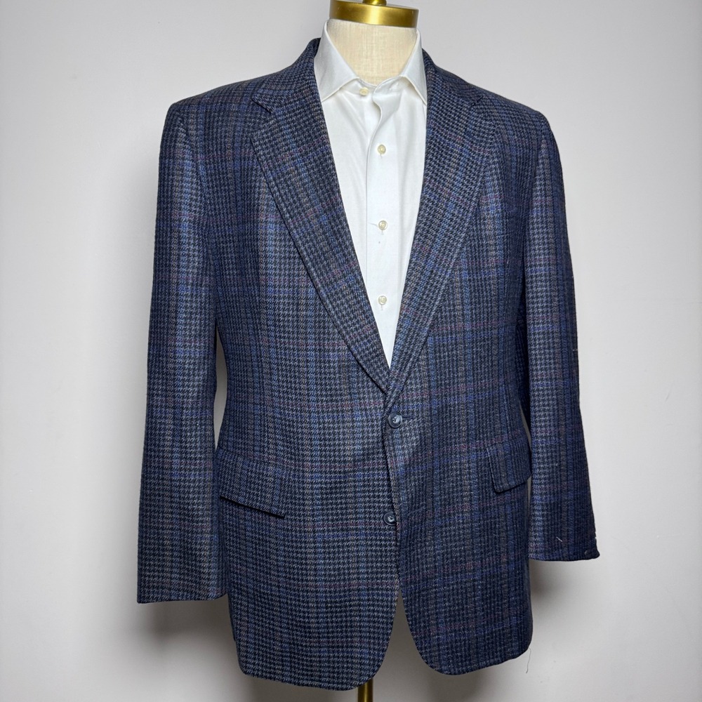Hart Schaffner Marx Blazer Mens 40R Blue Plaid Wool Two Button Sport Coat Vtg